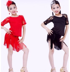 Black red lace colored lace  girls kids child children growth baby competition professional gymnastics latin salsa cha cha rumba samba dance dresses split 