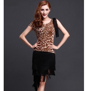 Black red leopard patchwork competition professional womens women's ladies female girls fringes latin salsa cha cha dance dresses set