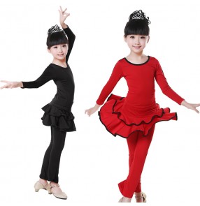 Black red long sleeves dresses and long length pants spandex girls kids children school play gymnastics latin salsa dance dresses outfits