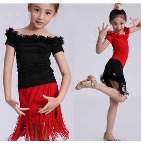 Black red patchwork  colored girls kids child children toddlers baby competition exercises tassels latin samba salsa cha cha dance dresses split set 