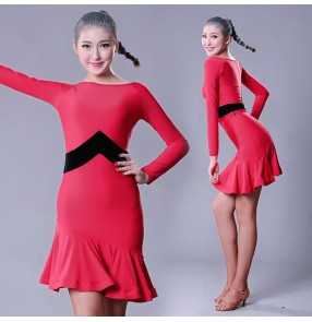 Black red patchwork long sleeves women's ladies competition stage performance latin cha cha salsa dance dresses outfits