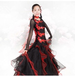 Black red patchwork women's ladies womens female  rhinestones high quality long sleeves competition professional full skirted standard ballroom waltz tango dance dresses