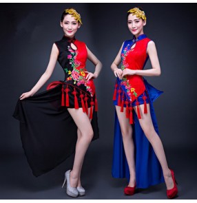 Black red royal blue red patchwork women's cheongsam embroidery pattern fringes tassels Chinese ancient folk dancing fairy cos play drummer playing stage performance costumes outfits