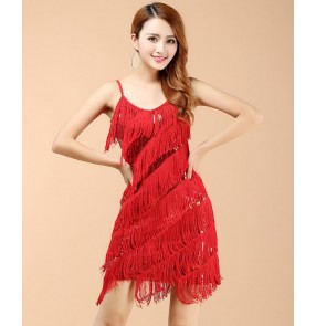 Black red silver gold tassels fringe paillette womens women's ladies female sleeveless strap sexy competition professional latin samba salsa cha cha dance dresses