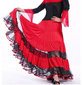 Black red striped sequins women's ladies female competition stage performance professional ballroom tango flamenco waltz dance skirts 