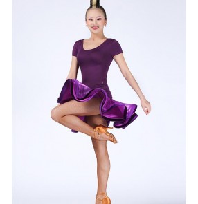 Black red violet purple colored women's ladies female short sleeves back crossed belt competition professional stage performance latin samba salsa cha cha dance dresses