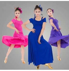 Black red violet royal blue  fuchsia colored women's ladies female short sleeves practice competition professional ballroom waltz tango latin samba dance dresses 