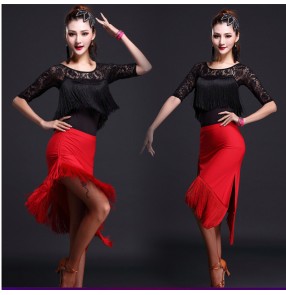  Black red  Women's girls ladies fringe lace competition professional exercises latin dance dress samba salsa cha cha dance dresses 