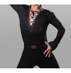 Black rhinestones v neck rhinestones draw string front open boys kids children male men's leotard adult long sleeves competition performance professional show play latin ballroom flamenco tango waltz dance shirts tops 