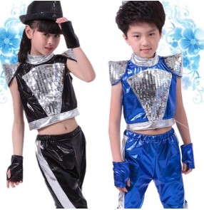 Black royal blue pu leather paillette girls kids child children boys toddlers stage performance jazz dance dj ds hip hop dance costumes clothing