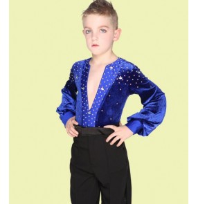 Black royal blue velvet rhinestones long sleeves boys kids child children toddlers competition stage performance latin salsa cha cha ballroom dance leotard shirts tops