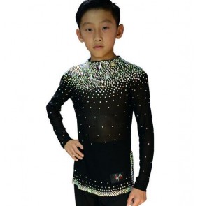 Black royal blue white red Boy's diamond long sleeves ballroom waltz dance tops shirts 