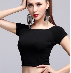 Black short sleeves round neck women's ladies female competition performance latin salsa cha cha dance tops blouses