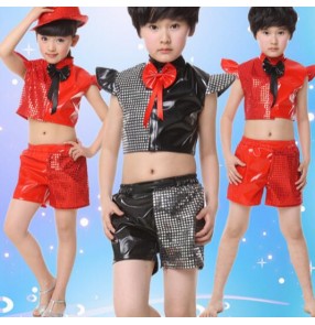 Black silver red sequined patchwork toddlers kindergarten kids child children boys girls modern dance stage performance jazz dj ds singer hip hop dance costumes top and shorts set