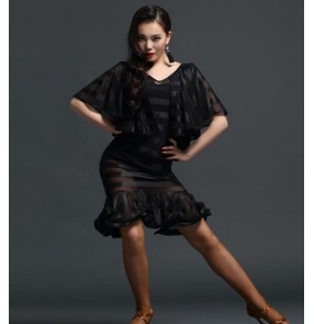 Black striped see through sexy fashionable competition professional short sleeves  latin samba salsa cha cha dance dresses 