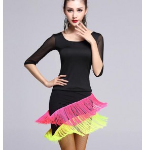 Black top rainbow tassels skirts patchwork women ladies female competition professional long sleeves round neck  latin dance dresses samba salsa cha cha dance dresses