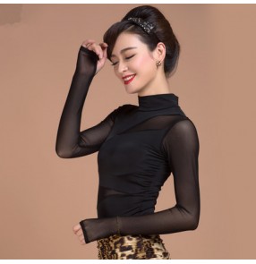 Black turtle neck long sleeves see through patchwork women's ladies female competition performance professional latin ballroom dance tops blouses