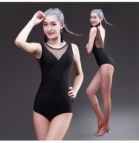 Black v neck backless sleeveless  front see through patchwork women's ladies fashion competition latin ballroom leotards dancing tops bodysuits