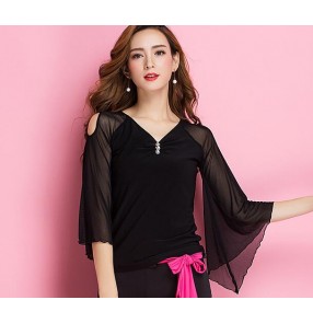 Black V neck long loose sleeves fashion women's ladies female competition stage performance ballroom tango latin waltz dance tops 