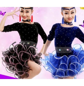 Black velvet royal blue rhinestones competition long sleeves ruffles swing skirts girls kids child children toddlers leotard competition latin ballroom salsa cha cha dance dresses