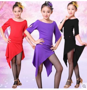 Black violet red Girls children child kids baby short sleeves competition exercises latin dance top and skirt salsa cha cha samba dance dresses set