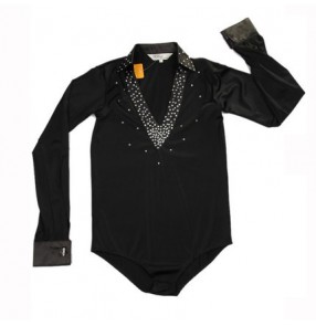 Black white red colored v neck rhinestones boys child children kids toddlers growth long sleeves latin ballroom dance tops shirts