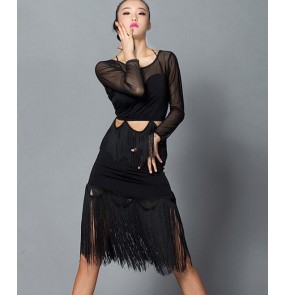 Black Women's adult female ladies black fringe see through sleeves and back long sleeves competition professional latin samba salsa cha cha dance dresses set top and skirt