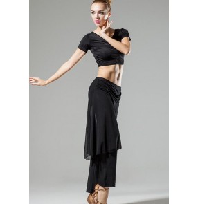Black Women's ladies girls latin dance dress sets short sleeves top and long pants M-XXXL