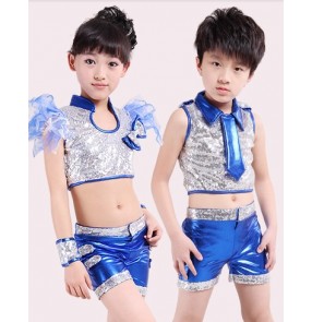 Blue Girls boys kids children child paillette sequined pu leather modern dance jazz dance costumes dancewear