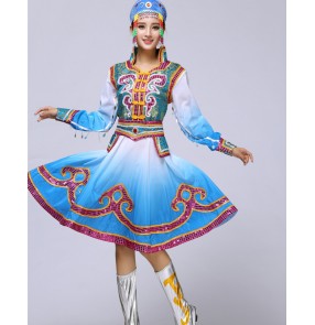 Blue gradient colored long sleeves women's ladies  international minority Mongolian performance cos play party dancing costumes dresses robes outfits