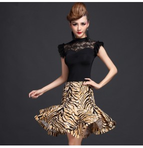 Blue leopard tiger zebra patchwork lace sleeveless turtle neck womens ladies female women's latin samba salsa cha cha dance dresses stage performance split sets