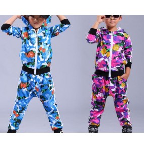 Blue purple violet  rose printed camouflage pattern long sleeves hoodies pants boys kids children girls street hip hop school play dancing outfits costumes