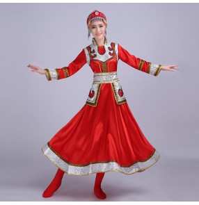 Blue red fuchsia hot pink long sleeves women's ladies female Mongolian folk dancing performance cosplay party outfits costumes dresses
