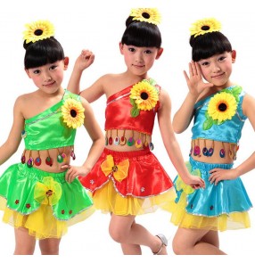 Blue red green sun flowers colored girls child children kids toddlers baby competition stage performance practice gymnastics  jazz modern dance costumes dresses