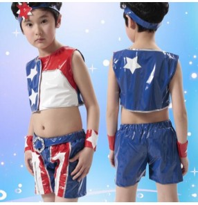 Blue red white patchwork pu leather girls kids child children toddler kindergarten cheer leading modern dance stage performance jazz ds singer pole dance hip hop dance costumes sets