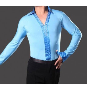 Boys adult men's kids children Turquoise  blue fuchsia hot pink v neck rhinestones long sleeves down collar international competition performance latin ballroom tango waltz flamenco  dancing leotard tops shirts