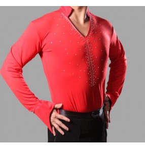 Boys kids children men's Royal blue red hot pink fuchsia v neck stand collar long sleeves rhinestones competition performance show play ballroom tango waltz latin salsa flamenco dance shirts tops for mans 