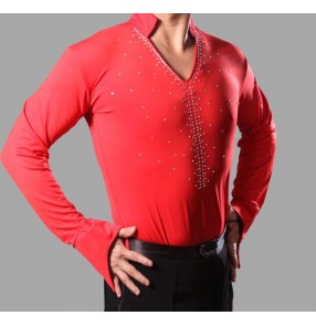 Boys kids children men's Royal blue red hot pink fuchsia v neck stand collar long sleeves rhinestones competition performance show play ballroom tango waltz latin salsa flamenco dance shirts tops for mans mens male