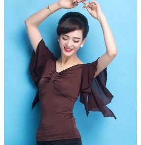 Brown coffee colored women's ladies female v neck cap sleeves competition professional latin dance ballroom tango waltz dance tops only 