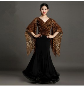 Brown leopard black patchwork v neck loose  sleeves  competition professional women's ladies female ballroom waltz tango dance dresses split set