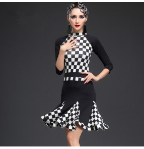 Brown leopard blue leopard white  patchwork and black plaid women's ladies competition stage performance latin cha cha salsa dancing dresses outfits