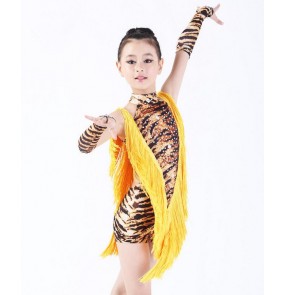 Brown Leopard tiger white zebra colored girls kids  child children toddlers gymnastics competition professional rhinestones tassels patchwork latin cha cha salsa samba leotard dance dresses 