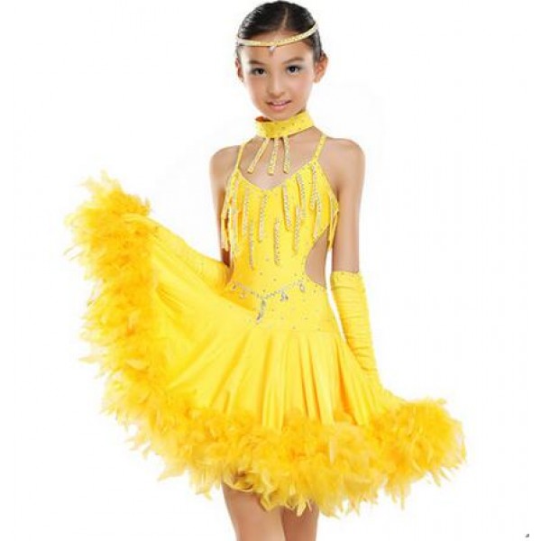 Children Kids Sequin Feather Fringe Stage Performance Competition Ballroom Dance Dress Professional Latin Dance Dress For Girls