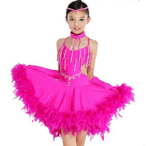 Children Kids Sequin Feather Fringe Stage Performance Competition Ballroom Dance Dress Professional Latin Dance Dress For Girls