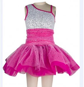 Chilren kids sequined silver and fuchsia patchwork leotard skirt ballet dance dress