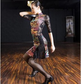 Colorful leopard sexy black lace patchwork women's ladies female middle sleeves competition fashion sexy performance latin ballroom dance dresses costumes outfits