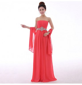 Coral green black red yellow fuchsia Women's off shoulder diamond waist decoration chiffon A-line evening dress wedding party evening dress