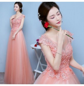 Coral pink colored women's ladies fashion rhinestones long length A line pleated tulle lace appliques wedding party bridesmaids evening dresses vestidos