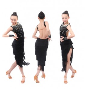 Custom size competition black custom color rhinestones exercises high quality professional sleeveless long fringe skirts backless latin dresses salsa cha cha samba rumba dance wear