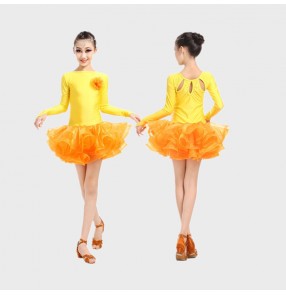 Custom size girls  child baby kids children orange milk silk long sleeves competition professional latin dance ballroom salsa cha cha dance dresses